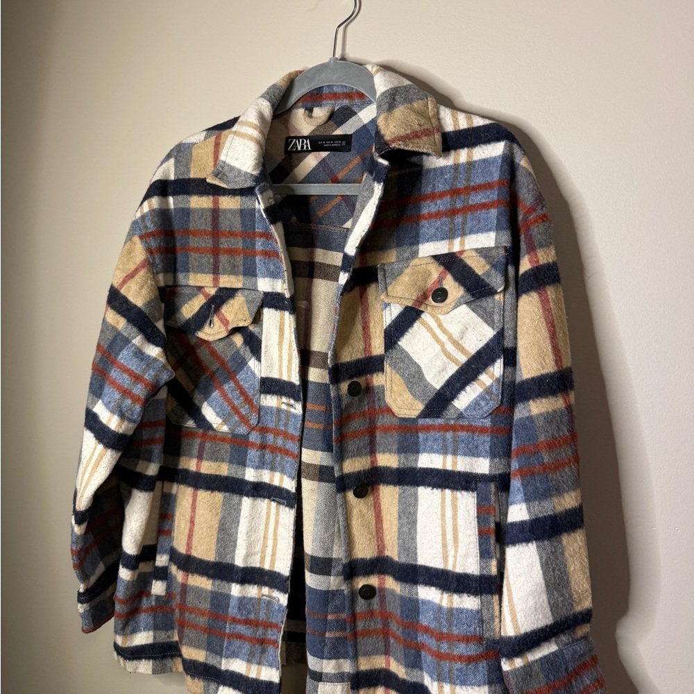 Zara Women's Checkered Utility Jacket - Navy, Beige, White